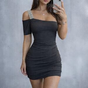 Deb Y2K Black One Shoulder Rhinestone Strap Bodycon Mini Dress Small